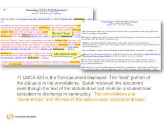 Student loan

educational loan

11 USCA 523 is the first document displayed. The “best” portion of
the statue is in the annotations. Sarah retrieved this document
even though the text of the statute does not mention a student loan
exception to discharge in bankruptcy. The annotations use
“student loan” and the text of the statute uses “educational loan”.

 
