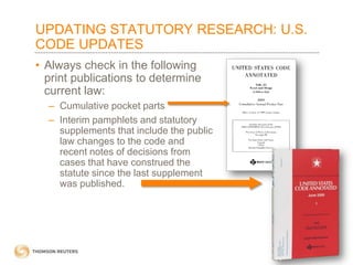 UPDATING STATUTORY RESEARCH: U.S.
CODE UPDATES
• Always check in the following
print publications to determine
current law:
– Cumulative pocket parts
– Interim pamphlets and statutory
supplements that include the public
law changes to the code and
recent notes of decisions from
cases that have construed the
statute since the last supplement
was published.

 