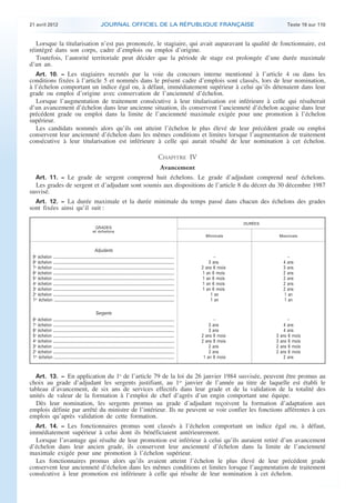 21 avril 2012 JOURNAL OFFICIEL DE LA RÉPUBLIQUE FRANÇAISE Texte 19 sur 110
. .
Lorsque la titularisation n’est pas prononcée, le stagiaire, qui avait auparavant la qualité de fonctionnaire, est
réintégré dans son corps, cadre d’emplois ou emploi d’origine.
Toutefois, l’autorité territoriale peut décider que la période de stage est prolongée d’une durée maximale
d’un an.
Art. 10. − Les stagiaires recrutés par la voie du concours interne mentionné à l’article 4 ou dans les
conditions fixées à l’article 5 et nommés dans le présent cadre d’emplois sont classés, lors de leur nomination,
à l’échelon comportant un indice égal ou, à défaut, immédiatement supérieur à celui qu’ils détenaient dans leur
grade ou emploi d’origine avec conservation de l’ancienneté d’échelon.
Lorsque l’augmentation de traitement consécutive à leur titularisation est inférieure à celle qui résulterait
d’un avancement d’échelon dans leur ancienne situation, ils conservent l’ancienneté d’échelon acquise dans leur
précédent grade ou emploi dans la limite de l’ancienneté maximale exigée pour une promotion à l’échelon
supérieur.
Les candidats nommés alors qu’ils ont atteint l’échelon le plus élevé de leur précédent grade ou emploi
conservent leur ancienneté d’échelon dans les mêmes conditions et limites lorsque l’augmentation de traitement
consécutive à leur titularisation est inférieure à celle qui aurait résulté de leur nomination à cet échelon.
CHAPITRE IV
Avancement
Art. 11. − Le grade de sergent comprend huit échelons. Le grade d’adjudant comprend neuf échelons.
Les grades de sergent et d’adjudant sont soumis aux dispositions de l’article 8 du décret du 30 décembre 1987
susvisé.
Art. 12. − La durée maximale et la durée minimale du temps passé dans chacun des échelons des grades
sont fixées ainsi qu’il suit :
GRADES
et échelons
DURÉES
Minimale Maximale
Adjudants
9e
échelon .................................................................................................................................. – –
8e
échelon .................................................................................................................................. 3 ans 4 ans
7e
échelon .................................................................................................................................. 2 ans 6 mois 3 ans
6e
échelon .................................................................................................................................. 1 an 6 mois 2 ans
5e
échelon .................................................................................................................................. 1 an 6 mois 2 ans
4e
échelon .................................................................................................................................. 1 an 6 mois 2 ans
3e
échelon .................................................................................................................................. 1 an 6 mois 2 ans
2e
échelon .................................................................................................................................. 1 an 1 an
1er
échelon ................................................................................................................................. 1 an 1 an
Sergents
8e
échelon .................................................................................................................................. – –
7e
échelon .................................................................................................................................. 3 ans 4 ans
6e
échelon .................................................................................................................................. 3 ans 4 ans
5e
échelon .................................................................................................................................. 2 ans 9 mois 3 ans 6 mois
4e
échelon .................................................................................................................................. 2 ans 9 mois 3 ans 6 mois
3e
échelon .................................................................................................................................. 2 ans 2 ans 6 mois
2e
échelon .................................................................................................................................. 2 ans 2 ans 6 mois
1er
échelon ................................................................................................................................. 1 an 6 mois 2 ans
Art. 13. − En application du 1o
de l’article 79 de la loi du 26 janvier 1984 susvisée, peuvent être promus au
choix au grade d’adjudant les sergents justifiant, au 1er
janvier de l’année au titre de laquelle est établi le
tableau d’avancement, de six ans de services effectifs dans leur grade et de la validation de la totalité des
unités de valeur de la formation à l’emploi de chef d’agrès d’un engin comportant une équipe.
Dès leur nomination, les sergents promus au grade d’adjudant reçoivent la formation d’adaptation aux
emplois définie par arrêté du ministre de l’intérieur. Ils ne peuvent se voir confier les fonctions afférentes à ces
emplois qu’après validation de cette formation.
Art. 14. − Les fonctionnaires promus sont classés à l’échelon comportant un indice égal ou, à défaut,
immédiatement supérieur à celui dont ils bénéficiaient antérieurement.
Lorsque l’avantage qui résulte de leur promotion est inférieur à celui qu’ils auraient retiré d’un avancement
d’échelon dans leur ancien grade, ils conservent leur ancienneté d’échelon dans la limite de l’ancienneté
maximale exigée pour une promotion à l’échelon supérieur.
Les fonctionnaires promus alors qu’ils avaient atteint l’échelon le plus élevé de leur précédent grade
conservent leur ancienneté d’échelon dans les mêmes conditions et limites lorsque l’augmentation de traitement
consécutive à leur promotion est inférieure à celle qui résulte de leur nomination à cet échelon.
 