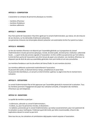 ARTICLE 6 – COMPOSITION

L'association se compose de personnes physiques ou morales :

- membres d'honneur
- membres fondateurs
- membres adhérents


ARTICLE 7 - ADMISSION

Pour faire partie de l'association il faut être agréé par le conseil d’administration, qui statue, lors de chacune
de ses réunions, sur les demandes d'admission présentées.
Les personnes mineures non émancipées doivent présenter une autorisation écrite d’un parent ou tuteur.


ARTICLE 8 - MEMBRES

Le titre de membre d'honneur est décerné par l'assemblée générale sur la proposition du conseil
d'administration à toutes personnes (physique, morale, de droit public, de droit privé, institution, collectivité
locale ....), ayant rendu des services signalés à l'association. Ce titre confère aux personnes qui l'ont obtenu
le droit de faire partie de l'association sans être tenues de payer une cotisation. Les membres d'honneur ne
disposent pas de droit de vote aux assemblées générales mais sont invités et ont voix consultative.

Les membres fondateurs sont les dix enfants de Fatma Chaïbi. Ils sont membres de droit.

Les membres adhérents soutiennent matériellement l’association.
Ils peuvent être actifs, en donnant de leur temps, compétences et savoir faire.
Ils peuvent être bienfaiteurs, en versant un droit d’entrée supérieur ou égal à trois fois le montant de la
cotisation.


ARTICLE 9 - COTISATIONS

Le conseil d’administration fixe et fait approuver par l’assemblée générale le montant de la cotisation. Tous
les membres prennent l’engagement de payer leur cotisation annuelle, à l’exception des membres
d’honneurs qui sont dispensés.


ARTICLE 10 - RADIATIONS

La qualité de membre se perd par :

- la démission, adressée au conseil d’administration ;
- le décès, ou, pour les personnes morales, la dissolution ;
- la radiation, prononcée par le conseil d'administration, qui statue souverainement, pour non-paiement de
la cotisation ou pour motif grave, l'intéressé ayant été invité, par lettre recommandée, à fournir des
explications devant le conseil ou par écrit.

Dans tous les cas, les cotisations et contributions déjà payées restent acquises à l’association.
 