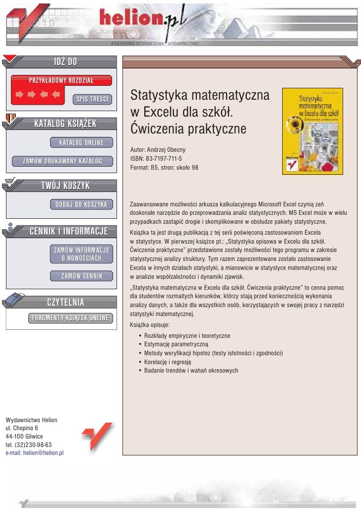 Statystyka Matematyczna W Excelu Dla Szkół ćwiczenia Praktyczne