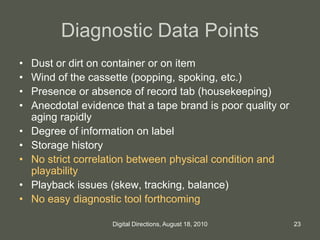 Diagnostic Data Points
• Dust or dirt on container or on item
• Wind of the cassette (popping, spoking, etc.)
• Presence or absence of record tab (housekeeping)
• Anecdotal evidence that a tape brand is poor quality or
aging rapidly
• Degree of information on label
• Storage history
• No strict correlation between physical condition and
playability
• Playback issues (skew, tracking, balance)
• No easy diagnostic tool forthcoming
23Digital Directions, August 18, 2010
 