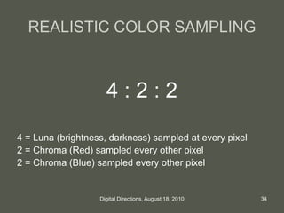 REALISTIC COLOR SAMPLING
4 : 2 : 2
4 = Luna (brightness, darkness) sampled at every pixel
2 = Chroma (Red) sampled every o...