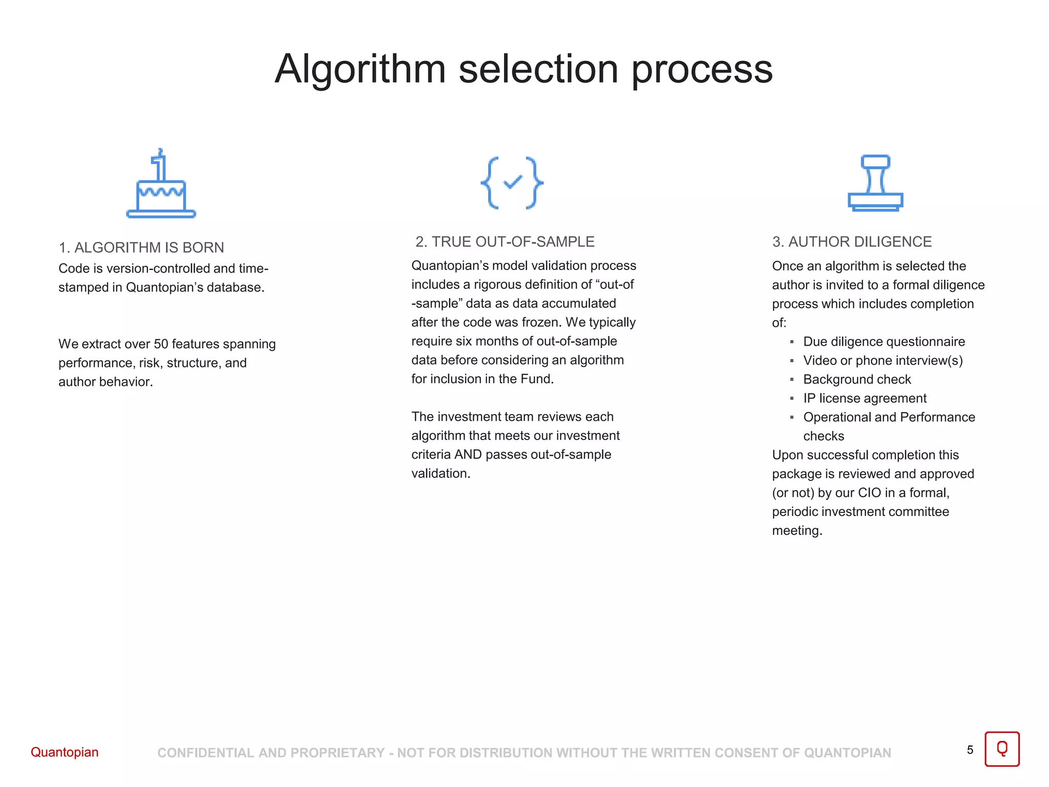 Quantopian CONFIDENTIAL AND PROPRIETARY - NOT FOR DISTRIBUTION WITHOUT THE WRITTEN CONSENT OF QUANTOPIAN 5Quantopian
1. ALGORITHM IS BORN
Quantopian’s model validation process
includes a rigorous definition of “out-of
-sample” data as data accumulated
after the code was frozen. We typically
require six months of out-of-sample
data before considering an algorithm
for inclusion in the Fund.
The investment team reviews each
algorithm that meets our investment
criteria AND passes out-of-sample
validation.
Once an algorithm is selected the
author is invited to a formal diligence
process which includes completion
of:
▪ Due diligence questionnaire
▪ Video or phone interview(s)
▪ Background check
▪ IP license agreement
▪ Operational and Performance
checks
Upon successful completion this
package is reviewed and approved
(or not) by our CIO in a formal,
periodic investment committee
meeting.
Algorithm selection process
Code is version-controlled and time-
stamped in Quantopian’s database.
We extract over 50 features spanning
performance, risk, structure, and
author behavior.
2. TRUE OUT-OF-SAMPLE 3. AUTHOR DILIGENCE
 