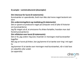 Q sample – semistruktureret (eksempler)
Om interesse for kunst (4 statements):
Kunstværker er spændende, fordi man ikke skal mene noget bestemt om
dem
Om undervisningsform og mediebrug (6 statements):
Det er sjovere at producere noget på computer end at lytte til historier
om kunstværkerne
Jeg får meget ud af, at omviseren fra Arken fortæller, hvordan man skal
forstå kunstværkerne
Om refleksion over kunst (8 statements):
Det er tit, jeg undrer mig over, hvad der er meningen med kunstværker
bagefter
Når jeg ser kunst på Arken, kan jeg komme til at tænke over ting i mit eget
liv
Jeg kommer til at tænke over meningen med kunstværket, når vi skal lave
en videofilm eller andet
(se appendix)
12
 
