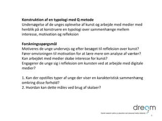 Konstruktion af en typologi med Q metode
Undersøgelse af de unges oplevelse af kunst og arbejde med medier med
henblik på at konstruere en typologi over sammenhænge mellem
interesse, motivation og refleksion
Forskningsspørgsmål
Motiveres de unge undervejs og efter besøget til refleksion over kunst?
Fører omvisningen til motivation for at lære mere om analyse af værker?
Kan arbejdet med medier skabe interesse for kunst?
Engagerer de unge sig i refleksion om kunsten ved at arbejde med digitale
medier?
1. Kan der opstilles typer af unge der viser en karakteristisk sammenhæng
omkring disse forhold?
2. Hvordan kan dette måles ved brug af skalaer?
4
 