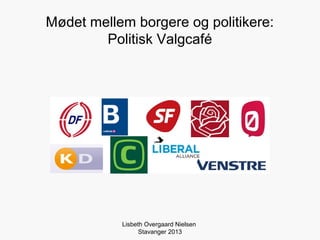Mødet mellem borgere og politikere:
        Politisk Valgcafé




           Lisbeth Overgaard Nielsen
                 St...