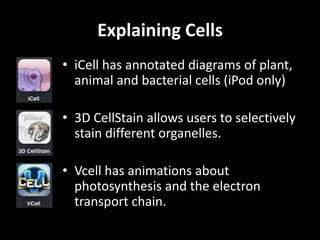 Explaining Cells
• iCell has annotated diagrams of plant,
animal and bacterial cells (iPod only)
• 3D CellStain allows users to selectively
stain different organelles.
• Vcell has animations about
photosynthesis and the electron
transport chain.

 