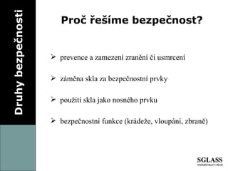 Druhy bezpečnosti Proč řešíme bezpečnost? prevence a zamezení zranění či usmrcení záměna skla za bezpečnostní prvky použití skla jako nosného prvku  bezpečnostní funkce (krádeže, vloupání, zbraně) 