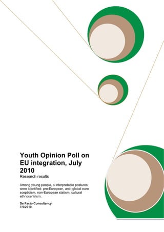 Youth Opinion Poll on
EU integration, July
2010
Research results
Among young people, 4 interpretable postures
were identified: pro-European, anti- global euro
scepticism, non-European statism, cultural
ethnocentrism.
De Facto Consultancy
7/5/2010
 