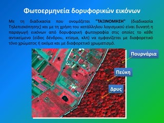 Φωτοερμηνεία δορυφορικών εικόνων
Με τθ διαδικαςία που ονομάηεται "ΤΑΞΙΝΟΜΗΣΗ" (διαδικαςία
Τθλεπιςκόπθςθσ) και με τθ χριςθ του κατάλλθλου λογιςμικοφ είναι δυνατι θ
παραγωγι εικόνων από δορυφορικι φωτογραφία ςτισ οποίεσ το κάκε
αντικείμενο (είδοσ δζνδρου, κτίςμα, κλπ) να εμφανίηεται με διαφορετικό
τόνο χρϊματοσ ι ακόμα και με διαφορετικό χρωματιςμό.

                                                             Πουρνάρια


                                                     Πεφκη


                                                  Δρυσ
 