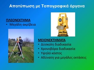 Αποτύπωση με Τοπογραυικά όργανα


ΠΛΕΟΝΕΚΤΗΜΑ
• Μεγάλθ ακρίβεια



                    ΜΕΙΟΝΕΚΤΗΜΑΤΑ
                    • Δφςκολθ διαδικαςία
                    • Χρονοβόρα διαδικαςία
                    • Υψθλό κόςτοσ
                    • Αδφνατθ για μεγάλεσ εκτάςεισ
 