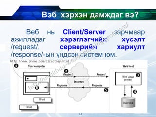 Вэб хэрхэн дамждаг вэ?

     Веб нь Client/Server зарчмаар
ажилладаг      хэрэглэгчийн      хүсэлт
/request/,     серверийн        хариулт
/response/-ын үндсэн систем юм.




                   17
 