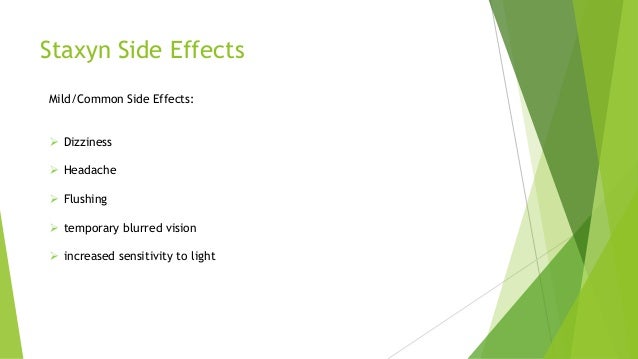 Staxyn Side Effects
Mild/Common Side Effects:
 Dizziness
 Headache
 Flushing
 temporary blurred vision
 increased sensitivity to light
 