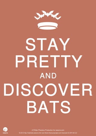 STAY
 PRETTY
                               AND

DISCOVER
  BATS
                   A Philter Phactory Production for weavrs.com
 © 2012 http://halohalo.weavrs.info/ icon None thenounproject.com licenced CC-BY-SA 3.0
 