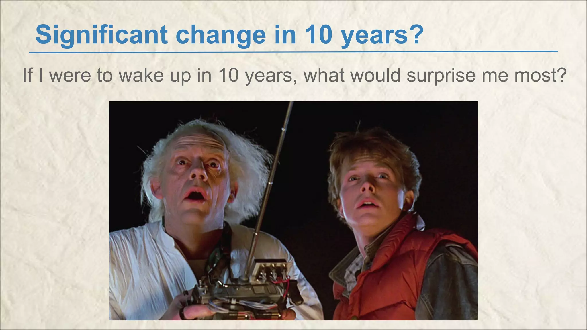 Significant change in 10 years? 
If I were to wake up in 10 years, what would surprise me most? 
 