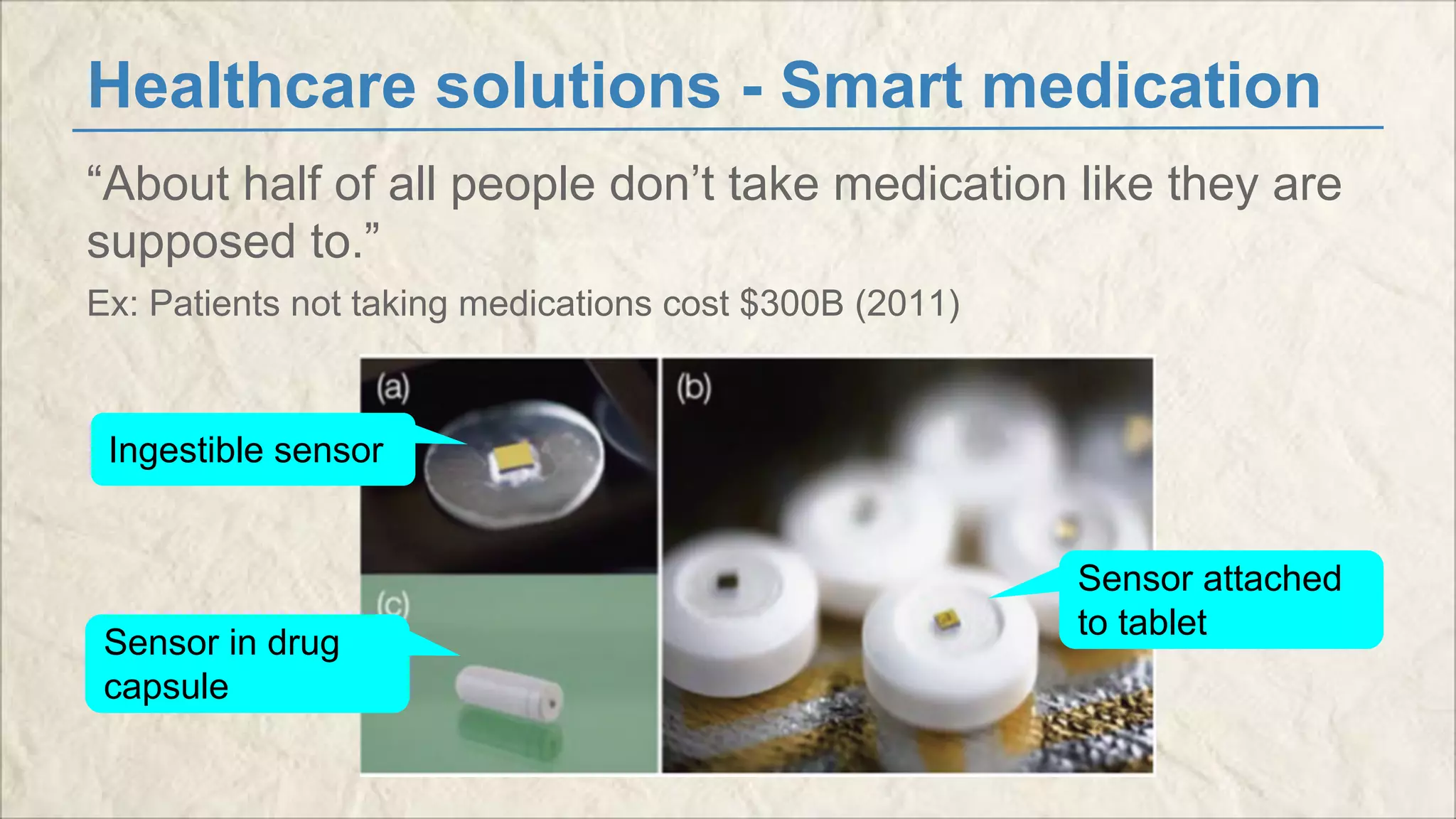 Healthcare solutions - Smart medication 
“About half of all people don’t take medication like they are 
supposed to.” 
Ex: Patients not taking medications cost $300B (2011) 
Ingestible sensor 
Sensor attached 
Sensor in drug to tablet 
capsule 
 