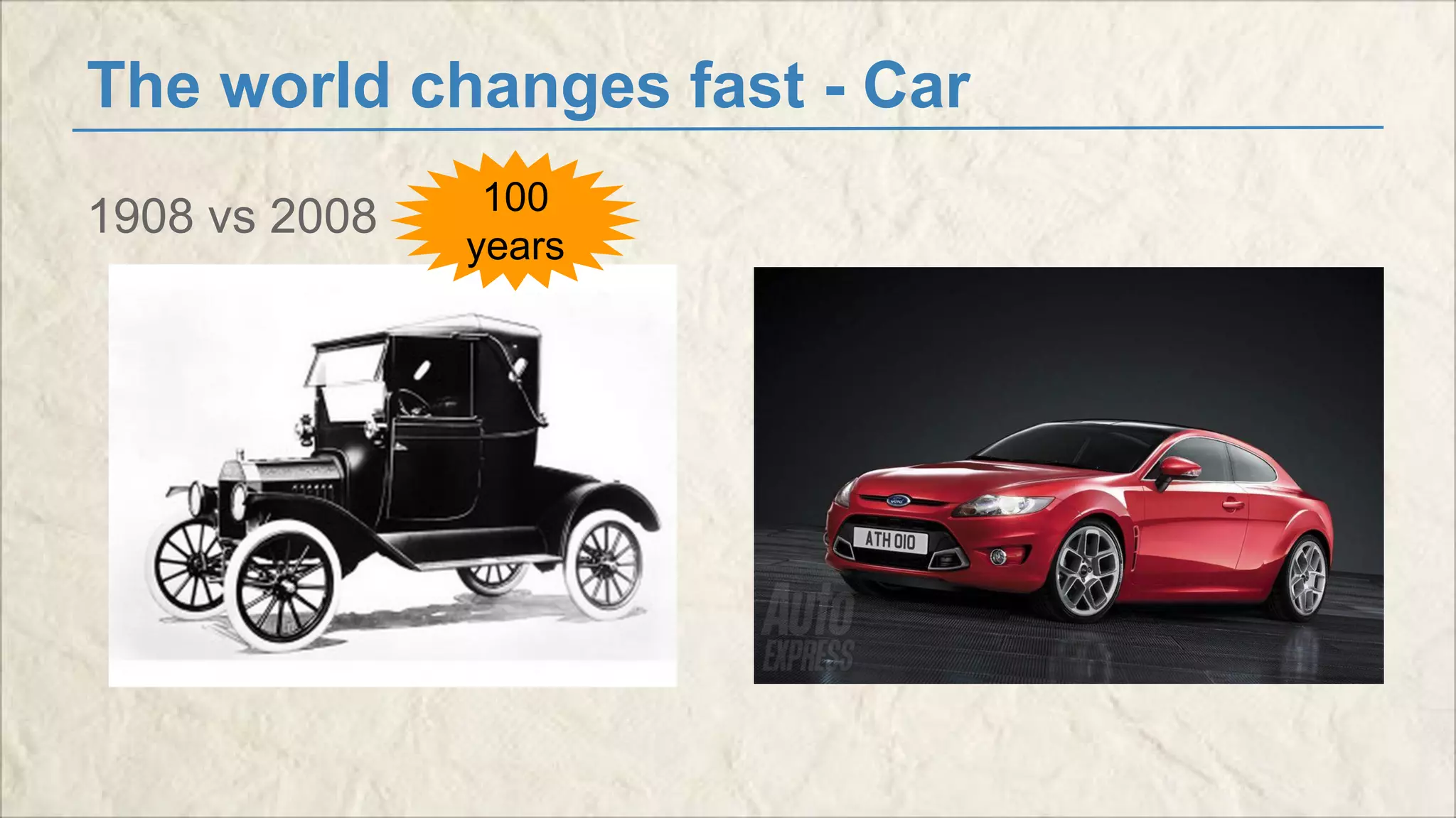 The world changes fast - Car 
1908 vs 2008 100 
years 
 