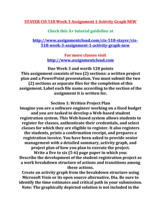 STAYER CIS 518 Week 3 Assignment 1 Activity Graph NEW
Check this A+ tutorial guideline at
http://www.assignmentcloud.com/cis-518-stayer/cis-
518-week-3-assignment-1-activity-graph-new
For more classes visit
http://www.assignmentcloud.com
Due Week 3 and worth 120 points
This assignment consists of two (2) sections: a written project
plan and a PowerPoint presentation. You must submit the two
(2) sections as separate files for the completion of this
assignment. Label each file name according to the section of the
assignment it is written for.
Section 1: Written Project Plan
Imagine you are a software engineer working on a fixed budget
and you are tasked to develop a Web-based student
registration system. This Web-based system allows students to
register for classes, authenticate their credentials, and select
classes for which they are eligible to register. It also registers
the students, prints a confirmation receipt, and prepares a
registration invoice. You have been asked to provide senior
management with a detailed summary, activity graph, and
project plan of how you plan to execute the project.
Write a five to six (5-6) page paper in which you:
Describe the development of the student registration project as
a work breakdown structure of actions and transitions among
these actions.
Create an activity graph from the breakdown structure using
Microsoft Visio or its open source alternative, Dia. Be sure to
identify the time estimates and critical path in your submission.
Note: The graphically depicted solution is not included in the
 