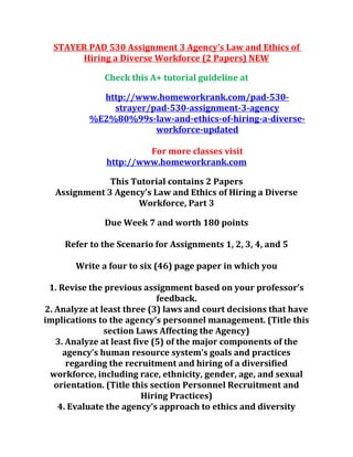 STAYER PAD 530 Assignment 3 Agency’s Law and Ethics of
Hiring a Diverse Workforce (2 Papers) NEW
Check this A+ tutorial guideline at
http://www.homeworkrank.com/pad-530-
strayer/pad-530-assignment-3-agency
%E2%80%99s-law-and-ethics-of-hiring-a-diverse-
workforce-updated
For more classes visit
http://www.homeworkrank.com
This Tutorial contains 2 Papers
Assignment 3 Agency’s Law and Ethics of Hiring a Diverse
Workforce, Part 3
Due Week 7 and worth 180 points
Refer to the Scenario for Assignments 1, 2, 3, 4, and 5
Write a four to six (46) page paper in which you
1. Revise the previous assignment based on your professor’s
feedback.
2. Analyze at least three (3) laws and court decisions that have
implications to the agency’s personnel management. (Title this
section Laws Affecting the Agency)
3. Analyze at least five (5) of the major components of the
agency’s human resource system’s goals and practices
regarding the recruitment and hiring of a diversified
workforce, including race, ethnicity, gender, age, and sexual
orientation. (Title this section Personnel Recruitment and
Hiring Practices)
4. Evaluate the agency’s approach to ethics and diversity
 
