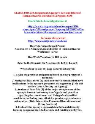 STAYER PAD 530 Assignment 3 Agency’s Law and Ethics of
Hiring a Diverse Workforce (2 Papers) NEW
Check this A+ tutorial guideline at
http://www.assignmentcloud.com/pad-530-
stayer/pad-530-assignment-3-agency%E2%80%99s-
law-and-ethics-of-hiring-a-diverse-workforce-new
For more classes visit
http://www.assignmentcloud.com
This Tutorial contains 2 Papers
Assignment 3 Agency’s Law and Ethics of Hiring a Diverse
Workforce, Part 3
Due Week 7 and worth 180 points
Refer to the Scenario for Assignments 1, 2, 3, 4, and 5
Write a four to six (46) page paper in which you
1. Revise the previous assignment based on your professor’s
feedback.
2. Analyze at least three (3) laws and court decisions that have
implications to the agency’s personnel management. (Title this
section Laws Affecting the Agency)
3. Analyze at least five (5) of the major components of the
agency’s human resource system’s goals and practices
regarding the recruitment and hiring of a diversified
workforce, including race, ethnicity, gender, age, and sexual
orientation. (Title this section Personnel Recruitment and
Hiring Practices)
4. Evaluate the agency’s approach to ethics and diversity
training programs provided for new and existing employees,
 