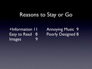 Reasons to Stay or Go

+Information 11	

	

 	

 Annoying Music 9
Easy to Read 8	

	

 	

 Poorly Designed 8
Images        9	

	

 	

 