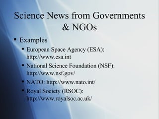 Staying Current with Science News -- Searching and Sources Online