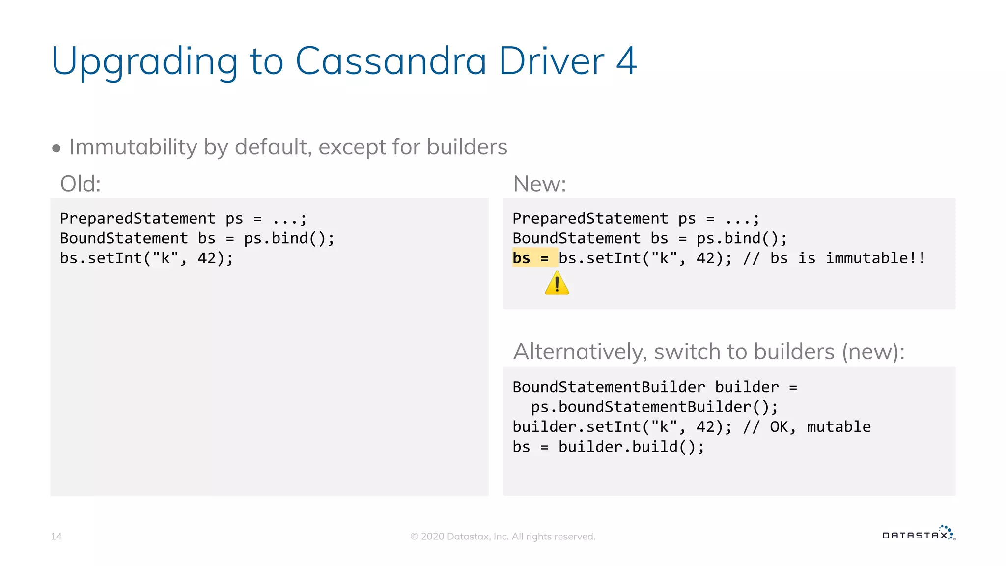 Upgrading to Cassandra Driver 4
• Immutability by default, except for builders
© 2020 Datastax, Inc. All rights reserved.14
PreparedStatement ps = ...;
BoundStatement bs = ps.bind();
bs.setInt("k", 42);
PreparedStatement ps = ...;
BoundStatement bs = ps.bind();
bs = bs.setInt("k", 42); // bs is immutable!!
Old: New:
⚠
BoundStatementBuilder builder =
ps.boundStatementBuilder();
builder.setInt("k", 42); // OK, mutable
bs = builder.build();
Alternatively, switch to builders (new):
 