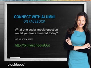 CONNECT WITH ALUMNI
                    ON FACEBOOK
       T
            What one social media question
            would you like answered today?
            Let us know here:

            http://bit.ly/schoolsOut




7/10/2012                        1
 