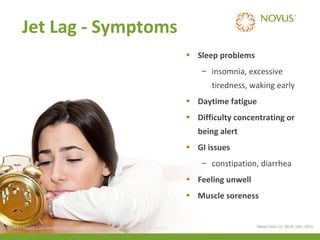 Jet Lag - Symptoms
• Sleep problems
– insomnia, excessive
tiredness, waking early
• Daytime fatigue
• Difficulty concentrating or
being alert
• GI issues
– constipation, diarrhea
• Feeling unwell
• Muscle soreness

© 2013 Health Care Services International Inc. (Novus Health)Health) & Confidential
© 2013 Health Care Services International Inc. (Novus Private Private & Confidential

(Mayo Clinic (1), 2013); CDC, 2011)

 