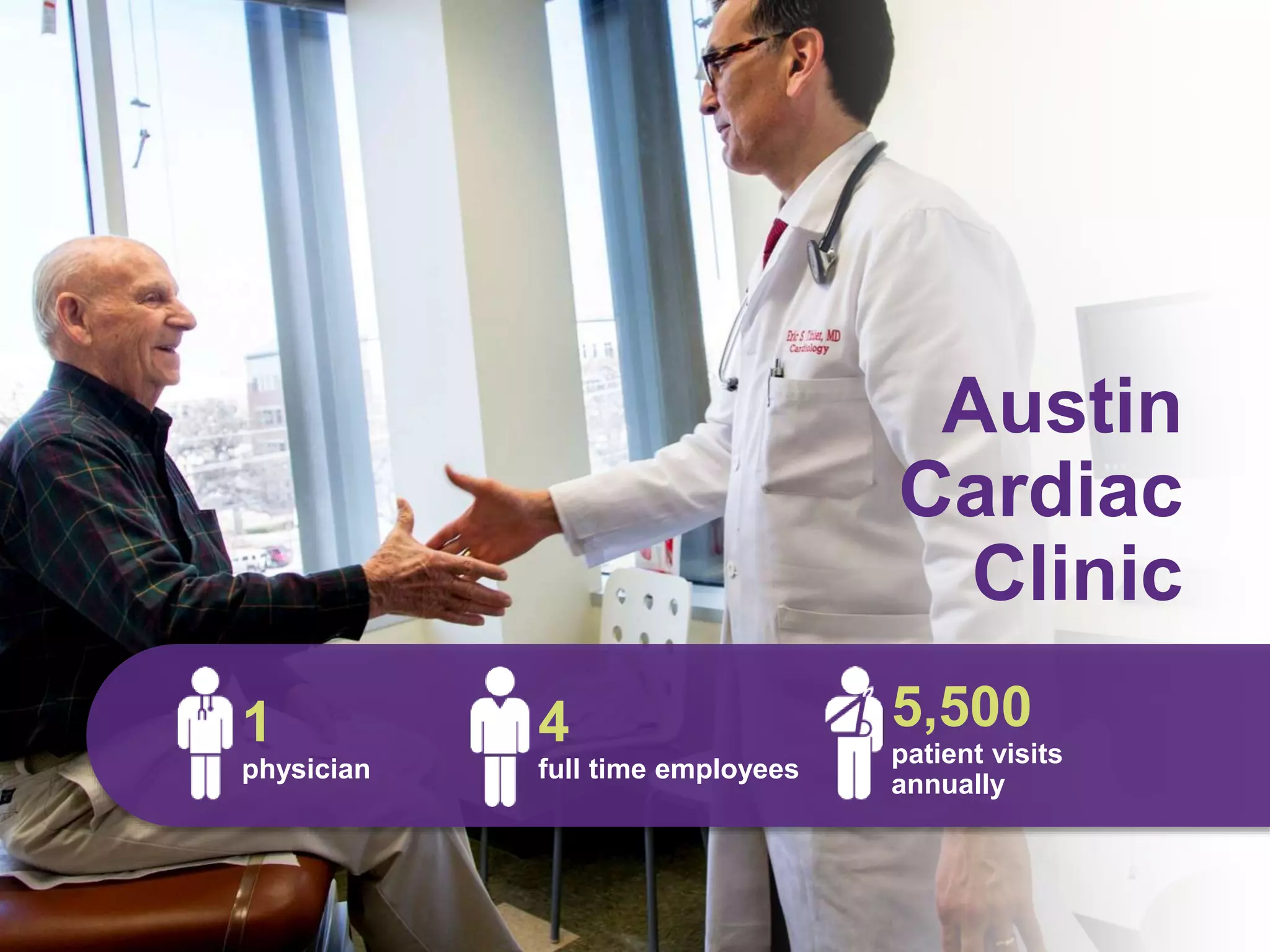 Austin
Cardiac
Clinic
4
full time employees
5,500
patient visits
annually
1
physician
 
