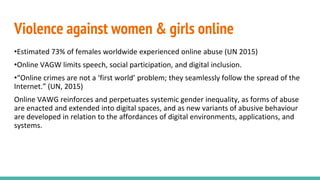 Violence against women & girls online
•Estimated 73% of females worldwide experienced online abuse (UN 2015)
•Online VAGW limits speech, social participation, and digital inclusion.
•“Online crimes are not a ‘first world’ problem; they seamlessly follow the spread of the
Internet.” (UN, 2015)
Online VAWG reinforces and perpetuates systemic gender inequality, as forms of abuse
are enacted and extended into digital spaces, and as new variants of abusive behaviour
are developed in relation to the affordances of digital environments, applications, and
systems.
 