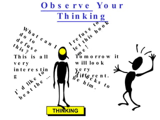Observe  Your  Thinking THINKING It sucks to be him. I refuse to let this hook me! This is all very interesting What can I do to defuse this? Tomorrow it will look very different. I’d like to beat the … 