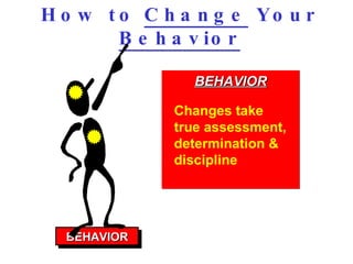 How to  Change  Your  Behavior BEHAVIOR BEHAVIOR Changes take true assessment, determination & discipline 