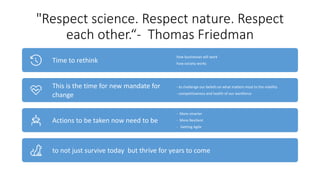 "Respect science. Respect nature. Respect
each other.“- Thomas Friedman
Time to rethink
how businesses will work
how society works
This is the time for new mandate for
change
- to challenge our beliefs on what matters most to the viability
- competitiveness and health of our workforce
Actions to be taken now need to be
- More smarter
- More Resilient
- Getting Agile
to not just survive today but thrive for years to come
 