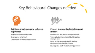 Key Behavioural Changes needed
Act like a small company to have a
big impact
Make bold moves more quickly
Be prepared to fail early
Clearer view of their skill deficiencies
Protect learning budgets (or regret
it later)
Current crisis will require a larger skill shift
Training budget to make skill building a key
strategic lever
Focus on the resilience of your learning
ecosystem: Digital and Accessibe
Leverage the ready-made learning journeys
 