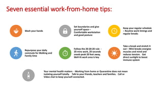 Seven essential work-from-home tips:
Wash your hands
Set boundaries and give
yourself space –
Comfortable workstation
and good posture
Keep your regular schedule
– Routine work timings and
regular breaks
Repurpose your daily
commute for Walking and
Family time
Follow the 20-20-20 rule -
20 mins work, 20 seconds
sneek-peak 20 feet away,
Well-lit work area is key
Take a break and stretch it
out – Mini-breaks energize
muscles and mind and
reduces tension. Get
direct sunlight to boost
immune system
Your mental health matters - Working from home or Quarantine does not mean
isolating yourself totally. Talk to your friends, teachers and families. Call or
Video chat to keep yourself connected.
 