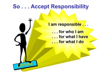So . . . Accept Responsibility


              I am responsible . . .
               . . . for who I am
               . . . for what I have
               . . . for what I do
 