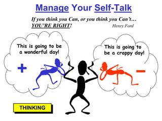 Manage Your Self-Talk
      If you think you Can, or you think you Can’t…
      YOU’RE RIGHT!                       Henry Ford



This is going to be                  This is going to
 a wonderful day!                    be a crappy day!




 THINKING
 