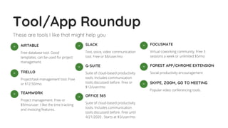 Tool/App Roundup
These are tools I like that might help you
Free database tool. Good
templates, can be used for project
management.
AIRTABLE◦
Project/task management tool. Free
or $12.50/mo.
TRELLO◦
Project management. Free or
$9/mo/user. I like the time tracking
and invoicing features.
TEAMWORK◦
Text, voice, video communication
tool. Free or $8/user/mo
SLACK◦
Suite of cloud-based productivity
tools. Includes communication
tools discussed before. Free or
$12/user/mo
G-SUITE◦
Suite of cloud-based productivity
tools. Includes communication
tools discussed before. Free until
4/21/2020 . Starts at $5/user/mo
OFFICE 365◦
Virtual coworking community. Free 3
sessions a week or unlimited $5/mo
FOCUSMATE◦
Social productivity encouragement
FOREST APP/CHROME EXTENSION◦
Popular video conferencing tools.
SKYPE, ZOOM, GO TO MEETING◦
 