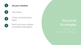 Take breaks
Set your schedule
Personal
Strategies
1
2
Create a protected work
space
3
Reach out to your network
to combat social isolation
4
Maintain Your
Health and Wellbeing
 
