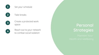 Take breaks
Set your schedule
Personal
Strategies
1
2
Create a protected work
space
3
Reach out to your network
to combat social isolation
4
Maintain Your
Health and Wellbeing
 