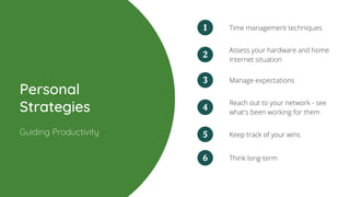 Assess your hardware and home
Internet situation
Time management techniques
Personal
Strategies
1
2
Guiding Productivity
Reach out to your network - see
what's been working for them
4
Keep track of your wins5
Think long-term6
Manage expectations3
 