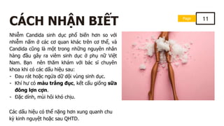 Nhiễm Candida sinh dục phổ biến hơn so với
nhiễm nấm ở các cơ quan khác trên cơ thể, và
Candida cũng là một trong những nguyên nhân
hàng đầu gây ra viêm sinh dục ở phụ nữ Việt
Nam. Bạn nên thăm khám với bác sĩ chuyên
khoa khi có các dấu hiệu sau:
- Đau rát hoặc ngứa dữ dội vùng sinh dục.
- Khí hư có màu trắng đục, kết cấu giống sữa
đông lợn cợn.
- Đặc dính, mùi hôi khó chịu.
Các dấu hiệu có thể nặng hơn xung quanh chu
kỳ kinh nguyệt hoặc sau QHTD.
Page 11
CÁCH NHẬN BIẾT
 