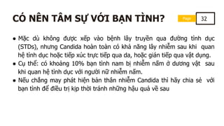 Page 32
CÓ NÊN TÂM SỰ VỚI BẠN TÌNH?
● Mặc dù không được xếp vào bệnh lây truyền qua đường tình dục
(STDs), nhưng Candida hoàn toàn có khả năng lây nhiễm sau khi quan
hệ tình dục hoặc tiếp xúc trực tiếp qua da, hoặc gián tiếp qua vật dụng.
● Cụ thể: có khoảng 10% bạn tình nam bị nhiễm nấm ở dương vật sau
khi quan hệ tình dục với người nữ nhiễm nấm.
● Nếu chẳng may phát hiện bản thân nhiễm Candida thì hãy chia sẻ với
bạn tình để điều trị kịp thời tránh những hậu quả về sau
 