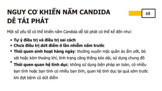 68
NGUY CƠ KHIẾN NẤM CANDIDA
DỄ TÁI PHÁT
Một số yếu tố có thể khiến nấm Candida dễ tái phát có thể kể đến như:
Tự ý điều trị và điều trị sai cách
Chưa điều trị dứt điểm ở lần nhiễm nấm trước
Thói quen sinh hoạt hàng ngày: thường xuyên mặc quần áo ẩm ướt, bó
sát hoặc kém thoáng khí, tình trạng căng thẳng kéo dài, sử dụng chung đồ
Thói quen quan hệ tình dục: không sử dụng biện pháp an toàn, có nhiều
bạn tình hoặc bạn tình có nhiều bạn tình, quan hệ tình dục lại quá sớm trước
khi đợt bệnh cũ dứt điểm
 