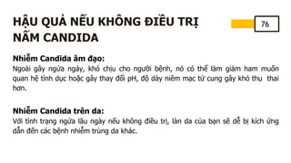 76
HẬU QUẢ NẾU KHÔNG ĐIỀU TRỊ
NẤM CANDIDA
Nhiễm Candida âm đạo:
Ngoài gây ngứa ngáy, khó chịu cho người bệnh, nó có thể làm giảm ham muốn
quan hệ tình dục hoặc gây thay đổi pH, độ dày niêm mạc tử cung gây khó thụ thai
hơn.
Nhiễm Candida trên da:
Với tình trạng ngứa lâu ngày nếu không điều trị, làn da của bạn sẽ dễ bị kích ứng
dẫn đến các bệnh nhiễm trùng da khác.
 