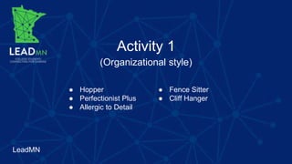 LeadMN
Activity 1
(Organizational style)
● Hopper
● Perfectionist Plus
● Allergic to Detail
● Fence Sitter
● Cliff Hanger
 