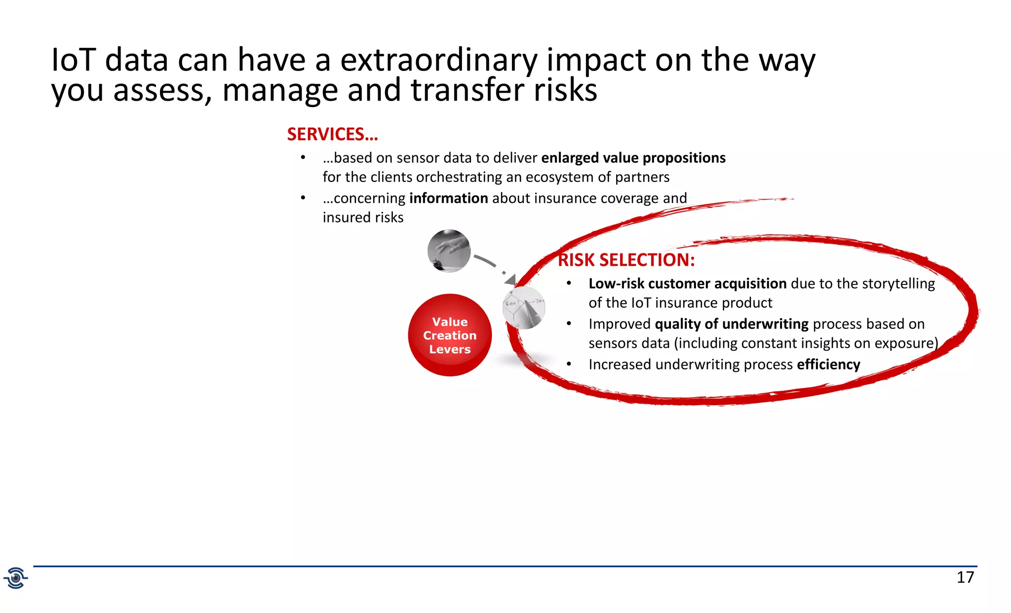 17
Value
Creation
Levers
IoT data can have a extraordinary impact on the way
you assess, manage and transfer risks
RISK SELECTION:
• Low-risk customer acquisition due to the storytelling
of the IoT insurance product
• Improved quality of underwriting process based on
sensors data (including constant insights on exposure)
• Increased underwriting process efficiency
SERVICES…
• …based on sensor data to deliver enlarged value propositions
for the clients orchestrating an ecosystem of partners
• …concerning information about insurance coverage and
insured risks
 