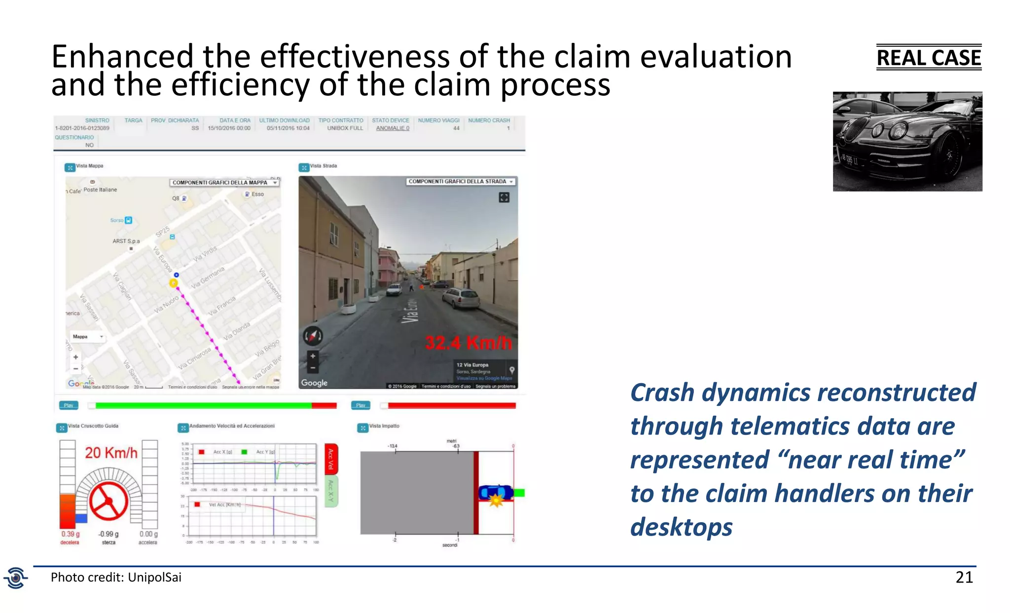 21
Enhanced the effectiveness of the claim evaluation
and the efficiency of the claim process
Crash dynamics reconstructed
through telematics data are
represented “near real time”
to the claim handlers on their
desktops
Photo credit: UnipolSai
REAL CASE
 